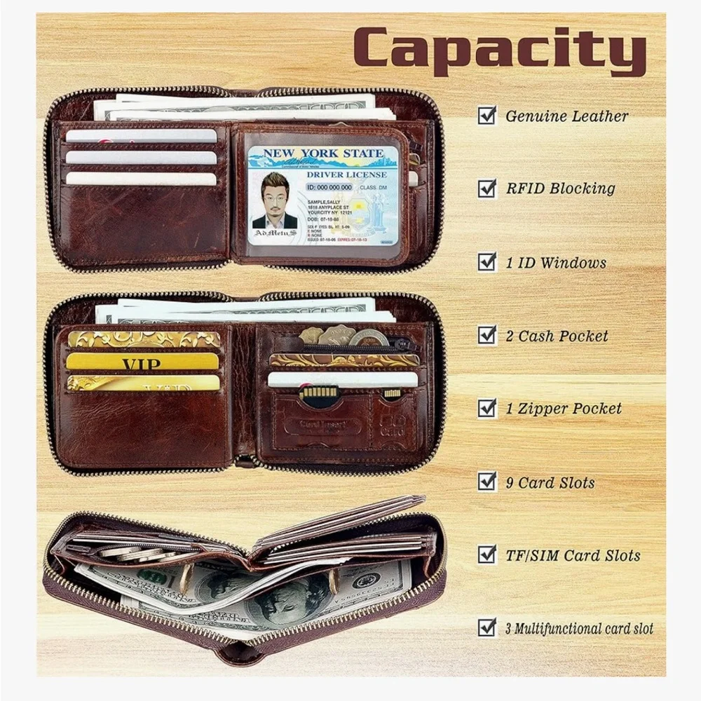 Ad Metus genuine leather RFID blocking bifold zip around men’s wallet dust bag